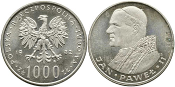 Польша 1000 злотых 1982 MW, визит папы Иоанна Павла II в Польшу KM 144, Parchimowicz 337a серебро 441-1145