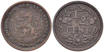 НИДЕРЛАНДЫ 1/2 ЦЕНТА 1930 ВИЛЬГЕЛЬМИНА (1890-1948) KM 138 бронза 39-221