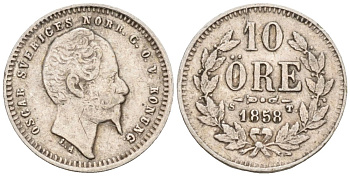 Швеция 10 эре 1858 ST, Оскар I (1844-1859) KM 683 серебро 188-1224