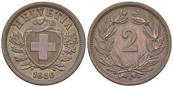Швейцария 2 раппена 1886 B KM 4 бронза 4516-349