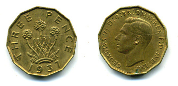 Великобритания 3 пенса 1937 Георг VI (1936-1952) KM 849, Spink 4112 никель латунь UNC 89-611