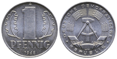 ГДР 1 ПФЕННИГ 1968 А KM 8.1 алюминий UNC 4379-316