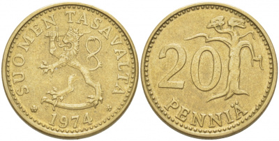 Финляндия 20 пенни 1974 S KM 47 алюминиевая бронза 3718-1252
