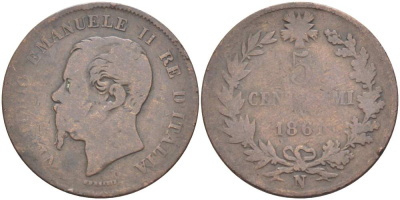 ИТАЛИЯ 5 ЧЕНТЕЗИМО 1861 N, МОНДВОР НЕАПОЛЬ, ВИКТОР ЭММАНУИЛ II (1861-1878) KM 3.3 медь 4525-121