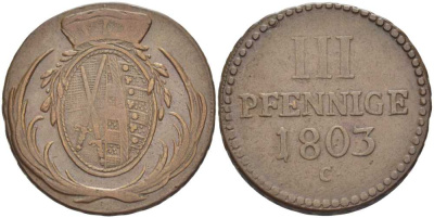 САКСОНИЯ 3 ПФЕННИГА 1803 С, ФРИДРИХ АВГУСТ III (1763-1806) KM 1037 (С92) медь 210-216