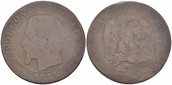 Франция 5 сантимов 1855 BB, Наполеон III (1852-1870) KM 777.3 бронза 4448-1234