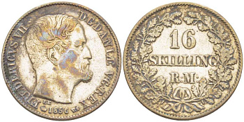 Дания 16 скиллингов 1856 Фредерик VII (1848-1863), монетный двор Копенгаген KM 765 (С137) серебро    4514-554