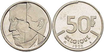 БЕЛЬГИЯ 50 ФРАНКОВ 1992 BELGIQUE, БОДУЭН I (1951-1993) KM 168 никель 210-952
