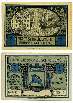 Шнейдемюль (SCHNEIDEMUHL) 1 марка 1922 нотгельд (KONTO Е), земля Померания Grabowski 1191.1b бумага 2196-1-2-1