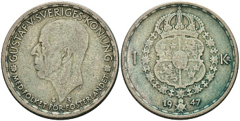 Швеция 1 крона 1947 TS, Густав V (1907-1950) KM 814 серебро 4571-615