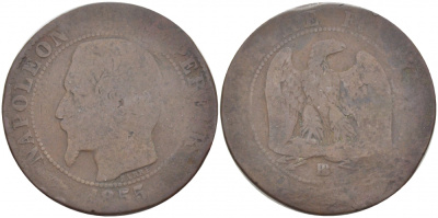 Франция 5 сантимов 1855 BB, Наполеон III (1852-1870) KM 777.3 бронза 4448-1234