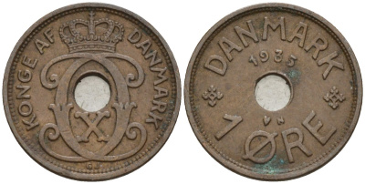 Дания 1 эре 1935 Кристиан X (1912-1947) KM 826 бронза 4147-429