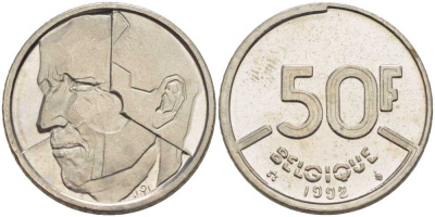 БЕЛЬГИЯ 50 ФРАНКОВ 1992 BELGIQUE, БОДУЭН I (1951-1993) KM 168 никель 210-952