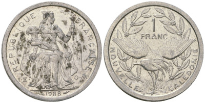 Французская Новая Каледония 1 франк 1988 птица кагу, (IEOM) KM 10, Schoen 10, Lec 48 алюминий 51-5145