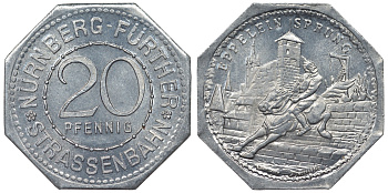 Германия, Нюрнберг - Фюрт 20 пфеннигов ND трамвайный жетон, прыжок Эппеляйна алюминий UNC 4119-652