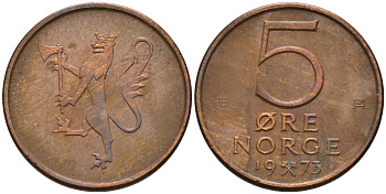 Норвегия 5 эре 1973 Улаф V (1958-1991) ​KM 415 бронза 4588-326