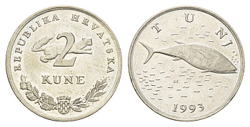 Хорватия 2 куны 1993 тунец, нечетный год KM 10 медь цинк никель  UNC  4660-411