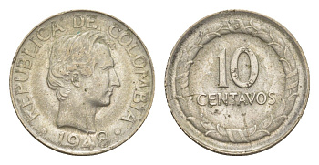 Колумбия 10 сентаво 1948 KM 207 серебро 4636-162