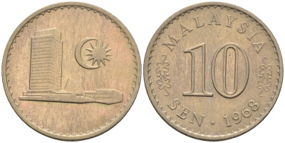 Малайзия 10 сенов 1968 здание Парламента KM 3 медно-никель 4588-1013