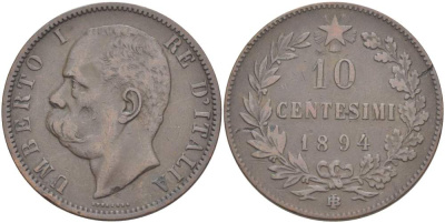 Италия 10 чентезимо 1894 B/I, Умберто I (1878-1900) KM 27.1 медь 4526-1015