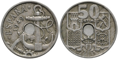 Испания 50 сентимо 1949 (56) Франко (1939-1975), морская атрибутика KM 777 медно-никель 4579-834