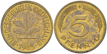 ФРГ 5 ПФЕННИГОВ 1983 F KM 107, J. 382 сталь плакированная латунью 4181-1017