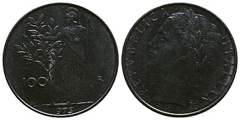 ИТАЛИЯ 100 ЛИР 1975 R, АФИНА KM 96.1 нержавеющая сталь 4384-944