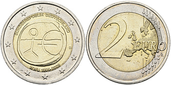 ФРГ 2 евро 2009 D, 10 лет монетарной политики ЕС (EMU) и введения евро KM 277 биметалл UNC M44-17