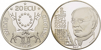 ФИНЛЯНДИЯ 20 ЭКЮ 1995 ЙОХАН ЛЮДВИГ РУНЕБЕРГ ( 1804-1877), ФИНСКИЙ ПОЭТ, С СЕРТИФИКАТОМ серебро PROOF 01-149-23