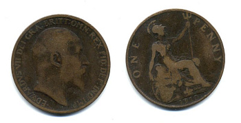 Великобритания 1 пенни 1910 Эдуард VII (1901-1910) KM 794.2, Spink 3990 бронза 47-736