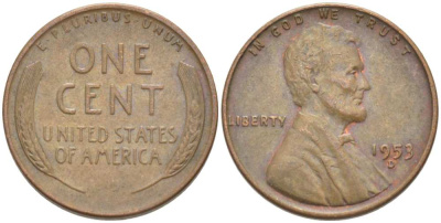 США 1 ЦЕНТ 1953 D, ЛИНКОЛЬН KM А132 медь цинк 218-626