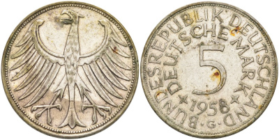 ФРГ 5 марок 1958 G KM 112.1 серебро 4574-432