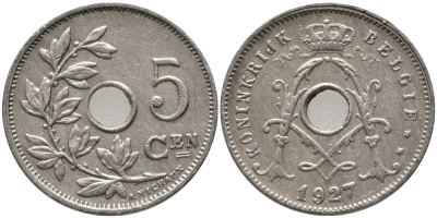 БЕЛЬГИЯ 5 САНТИМОВ 1927 BELGIE KM 67 медно-никель 76-137