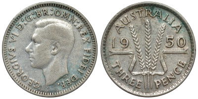 Австралия 3 пенса 1950 m, Георг VI (1937-1952), без букв KM 44 серебро 71-235