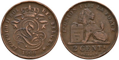 Бельгия 2 сантима 1909 Belges KM 64 медь    4187-414
