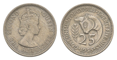 Кипр 25 милей 1955 Елизавета II (1952-2022) KM 35 медно-никель 4649-1166
