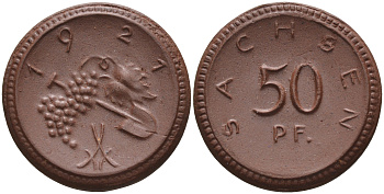 Саксония 50 пфеннигов 1921 виноград и лопата J. N 54 фарфор 1094-5-74