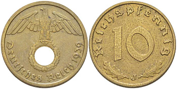 Германия 10 рейхспфеннигов 1939 J KM 92, J. 364 алюминиевая бронза 261-1052