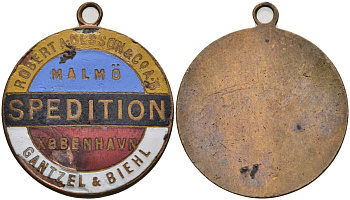 Дания жетон ND "Malmo", экспедирование грузов, цветная эмаль, с ушком для ношения, диаметр 25 мм. жёлтый металл 4591-526
