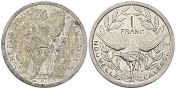 Французская Новая Каледония 1 франк 2002 птица кагу, (IEOM) KM 10, Schoen 10, Lec 52g алюминий 45-1024