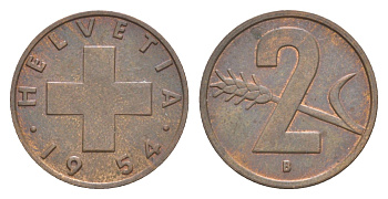 Швейцария 2 раппена 1954 B KM 47 бронза 4630-657
