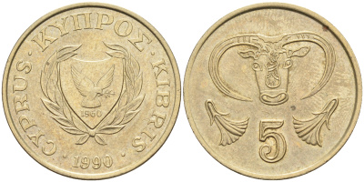 Кипр 5 центов 1990 голова быка KM 55.2 никель латунь    4595-932