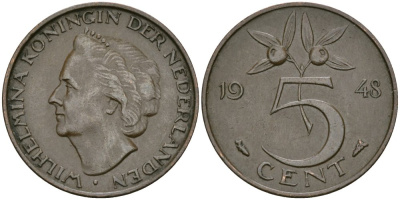 Нидерланды 5 центов 1948 Вильгельмина (1890-1948) KM 176 бронза 4579-616
