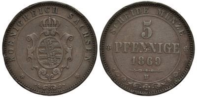 Саксония 5 пфеннигов 1869 В, Йоханн (1854-1873) KM 1219 медь 413-6043