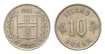 Исландия 10 эйре 1961 KM 10 медно-никель aUNC 4690-665