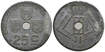 БЕЛЬГИЯ 25 САНТИМОВ 1945 BELGIE-BELGIQUE KM 132 цинк 177-1031
