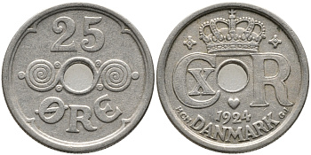 Дания 25 эре 1924 NCN; GJ Кристиан X (1912-1947) KM 823.1 медно-никель 28-1111