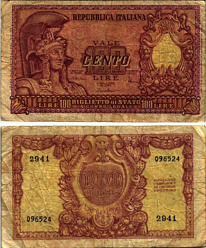 Италия 100 лир 1951 Афина в шлеме, Di Cristina, Cavallaro Pick 92 b бумага 6352-45-3-1