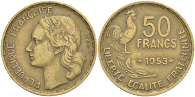 ФРАНЦИЯ 50 ФРАНКОВ 1953 KM 918.1 алюминиевая бронза 189-324