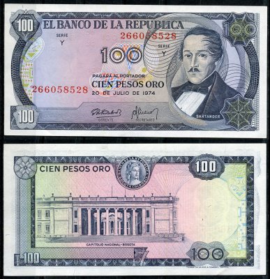 Колумбия 100 песо 1974 генерал Франсиско де Паула Сантандер, герой освободительной войны Pick 415  бумага  UNC (пресс) 7219-8-3-1